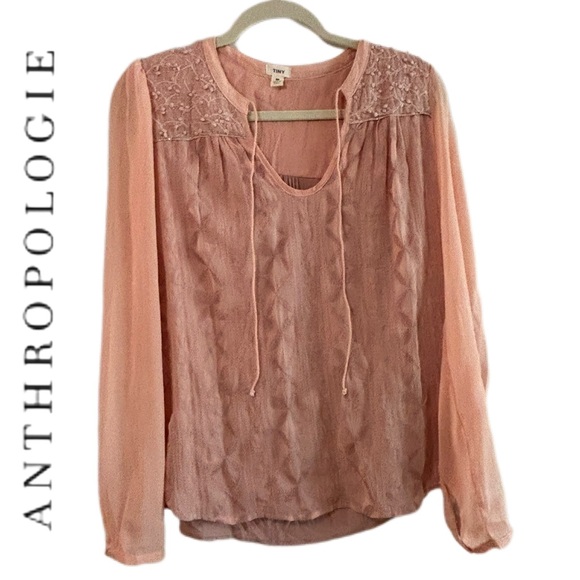 Tiny by Anthropologie Pink Tie Neck Long Sleeve Peasant Blouse Size Medium EUC - Picture 2 of 15